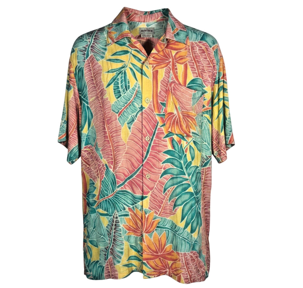 Kenny Flowers Men's XXL Casual Button Down Shirt Yellow Green Red Tropical Print